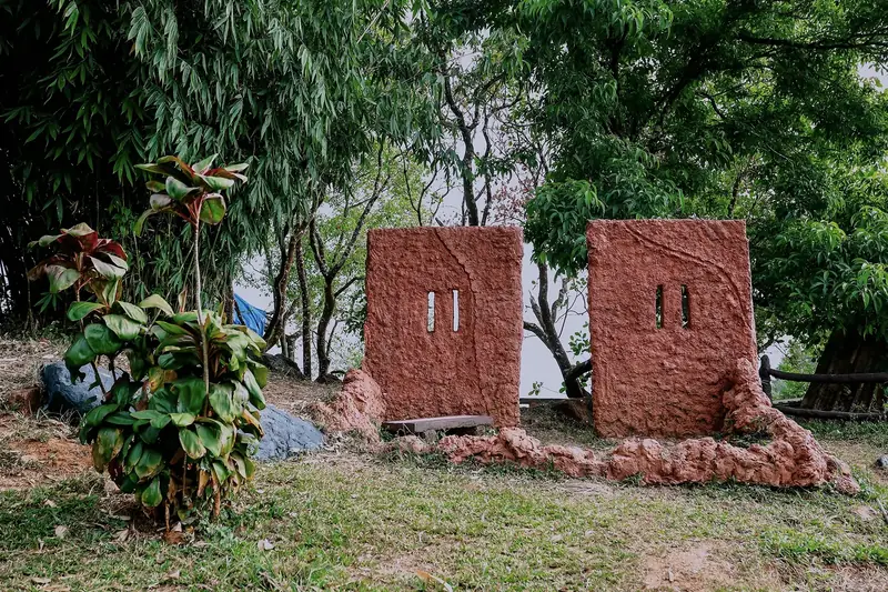 Brick art installations in the gardens of Purayil Resort