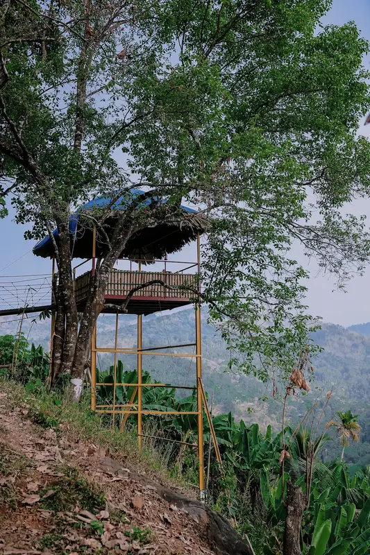 Wooden lookout tower overlooking the valley at Purayil Resort